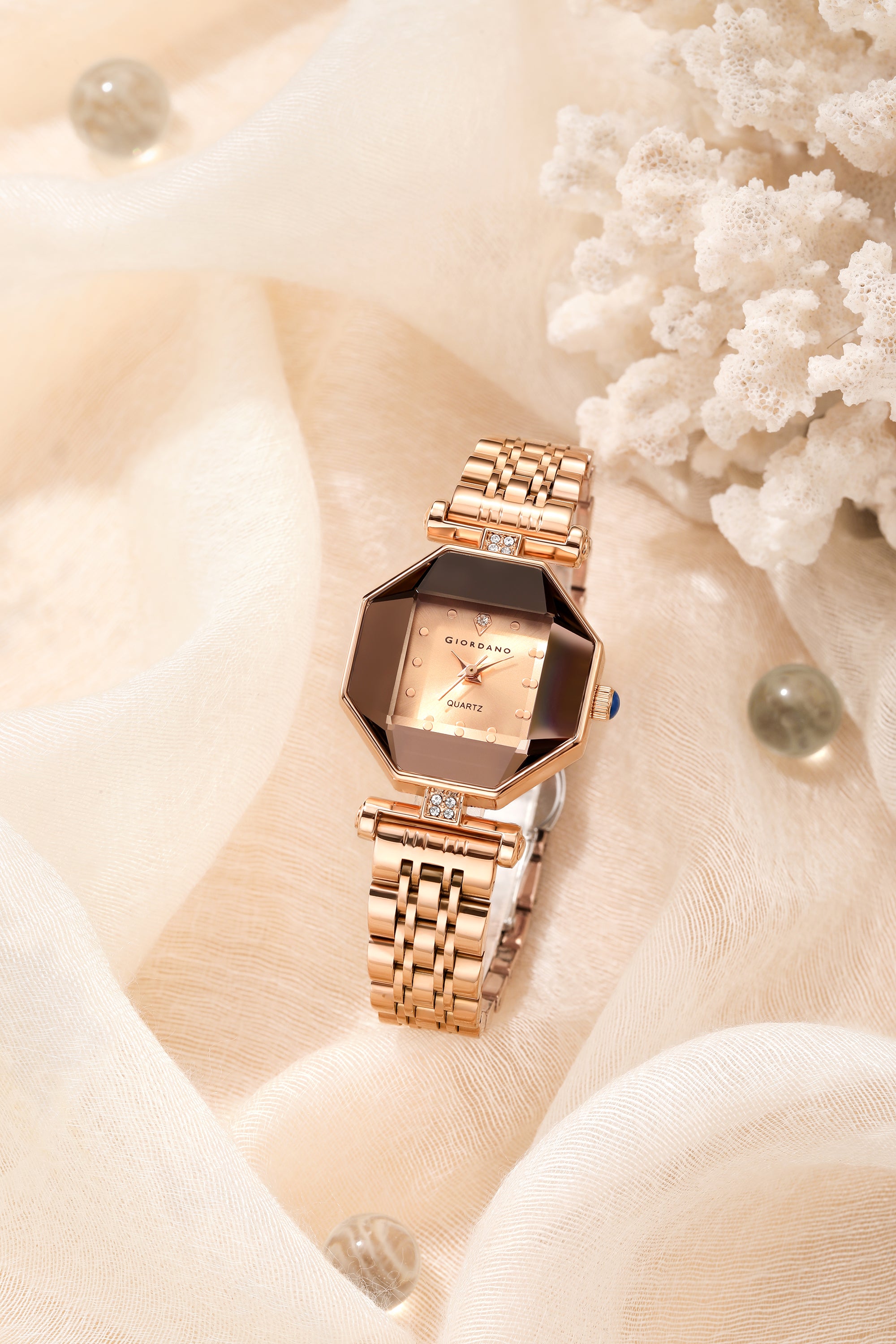 Giordano Dress Watch for Women – Rose Gold Finish, Diamond Accented Octagonal Dial & Stainless Steel Strap | GZ-60096-22